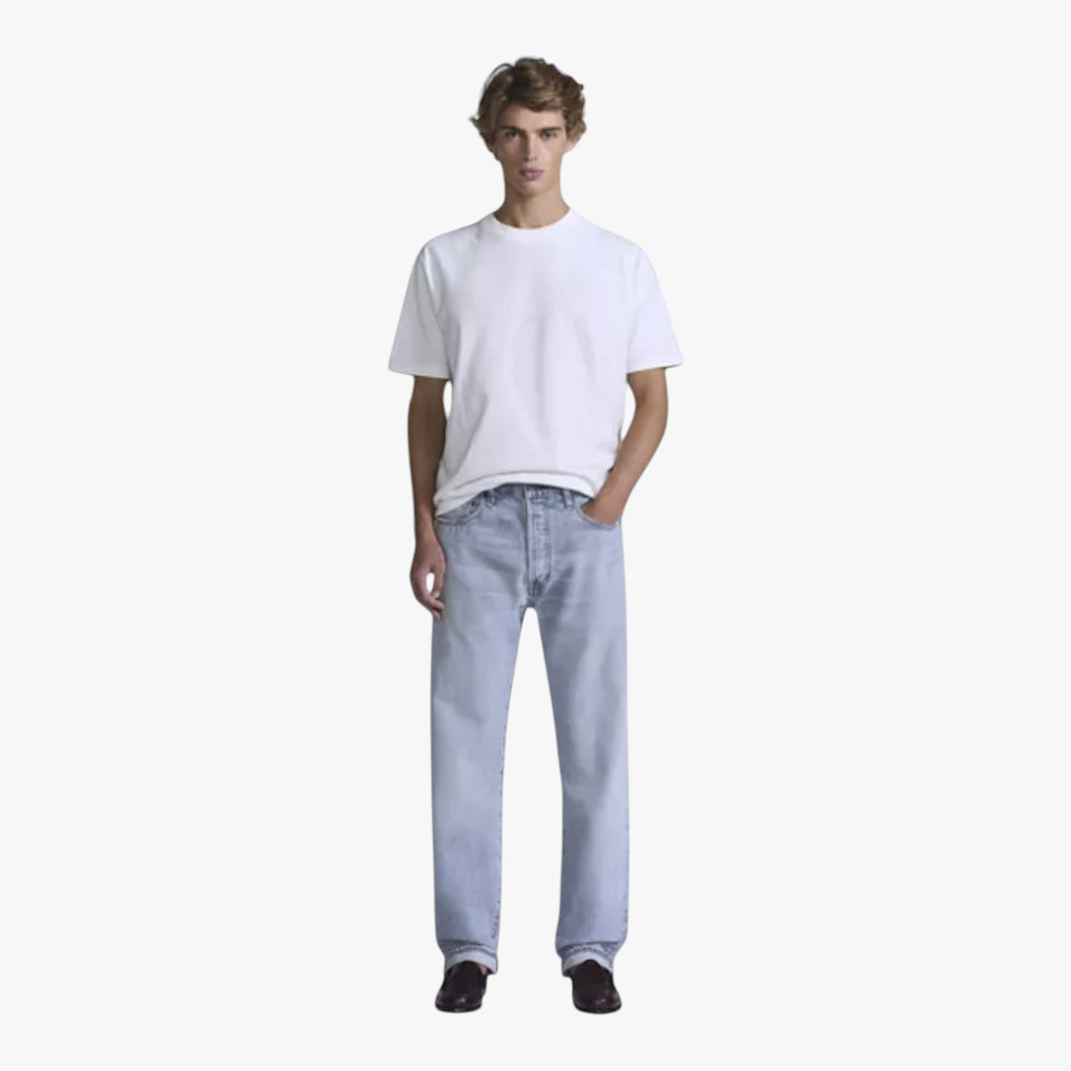 MILWORK 1980's 501 Original Fit Selvedge Silver Peak light wash denim jeans with button fly.