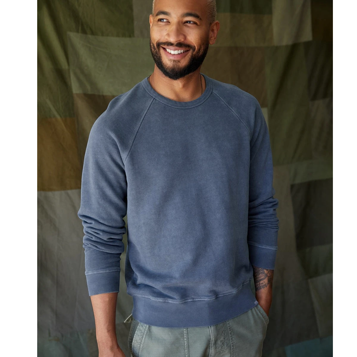 MILWORK Sur Sweatshirt in Admiral Blue, made from a hemp and organic cotton blend with a chest pocket and garment-dyed finish.