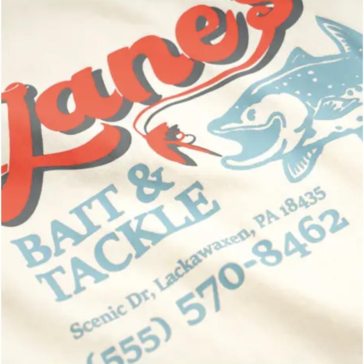 MILWORK Zane's Bait & Tackle ringer tee in ivory cotton with red and blue graphic print. Features contrast trim.
