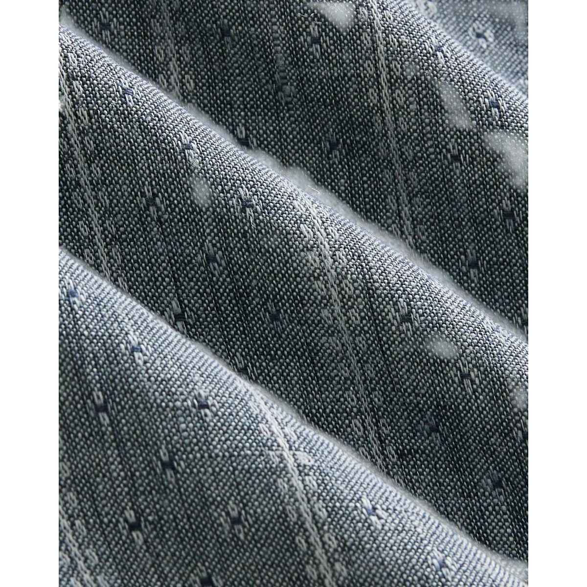 MILWORK Bali Drawstring Pant in Linen Jacquard. Blue and white textured linen fabric with vertical stripes and subtle dot pattern.