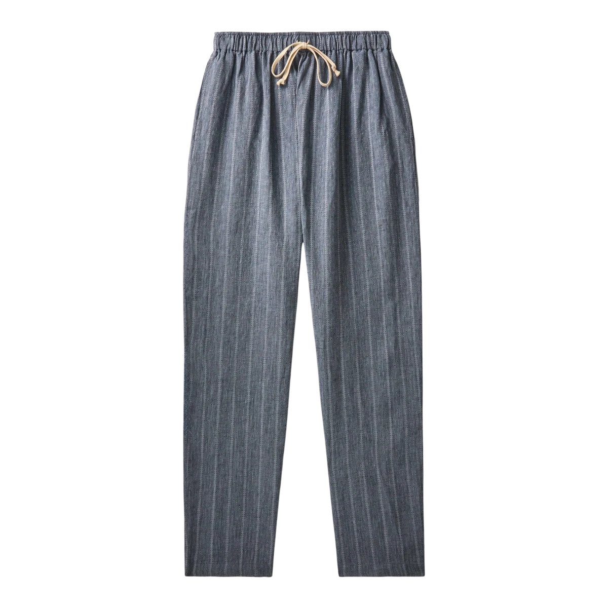 MILWORK Bali Drawstring Pant in Linen Jacquard, grey pinstripe, relaxed fit, tapered leg, drawstring waist. 100% Linen.