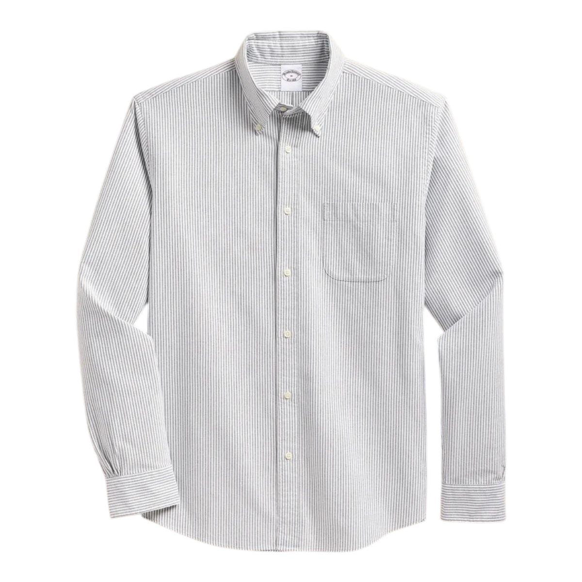 MILWORK black and white candy stripe oxford button-down shirt with polo collar and barrel cuff.