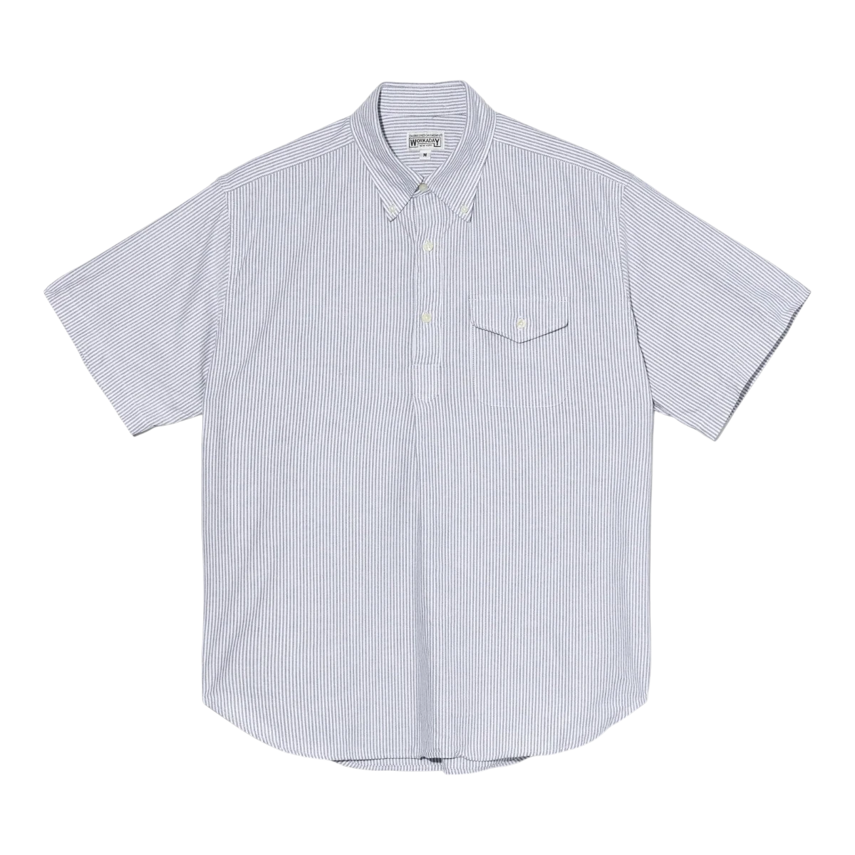 MILWORK Popover shirt in blue cotton candy stripe oxford fabric with short sleeves and chest pocket.