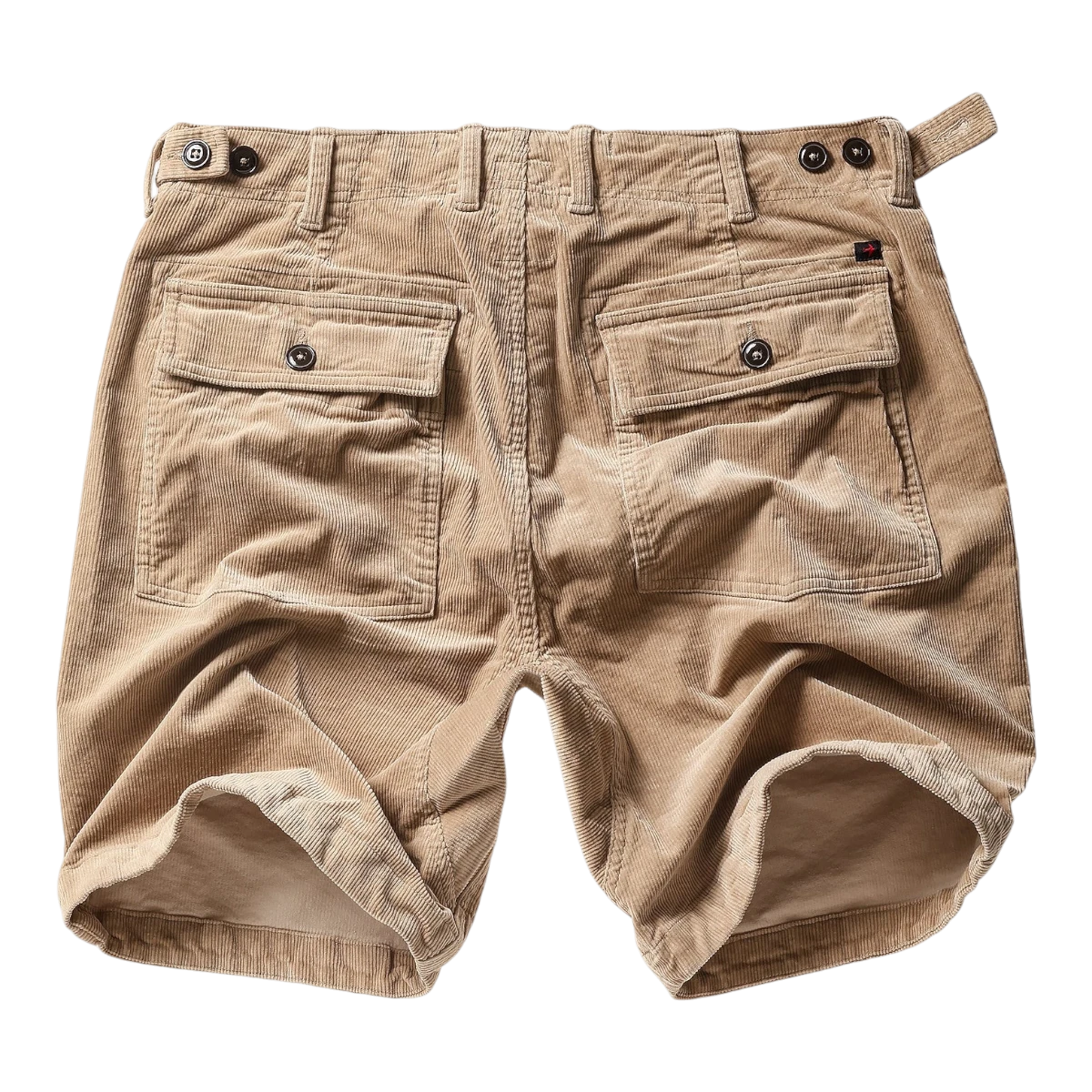 MILWORKSHere is the original image: Buff khaki corduroy shorts with 7.5" inseam, featuring multiple pockets and button closures.