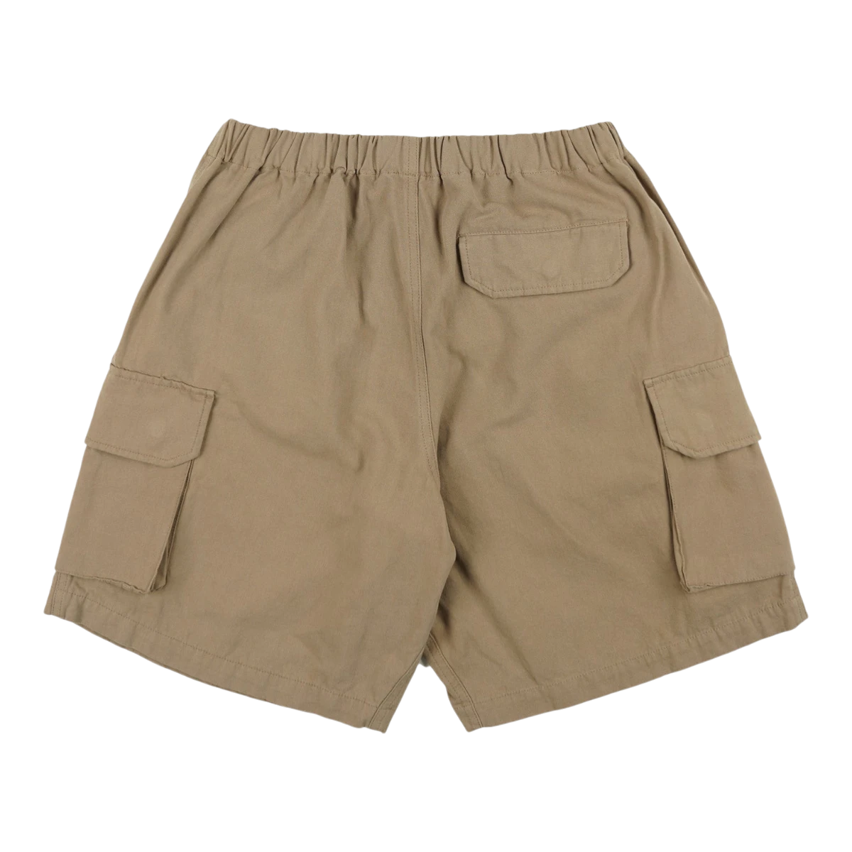 MILWORK canvas khaki beige multi pocket shorts with elastic waistband and utility pockets.