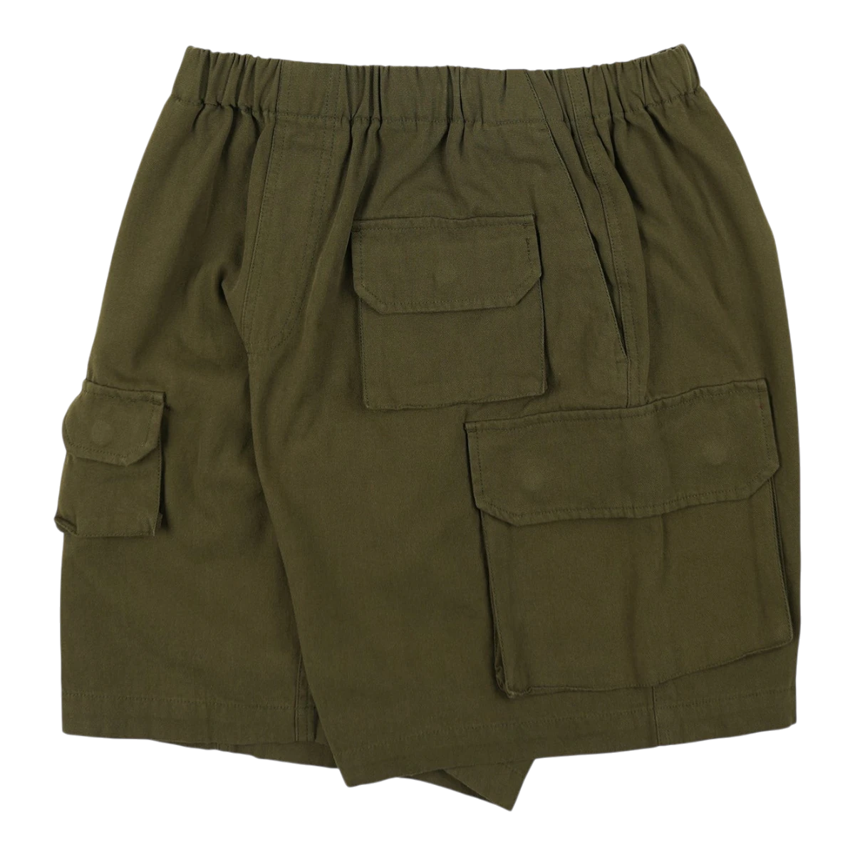 MILWORK canvas multi pocket shorts in olive green. Features elastic waistband and utility pockets.