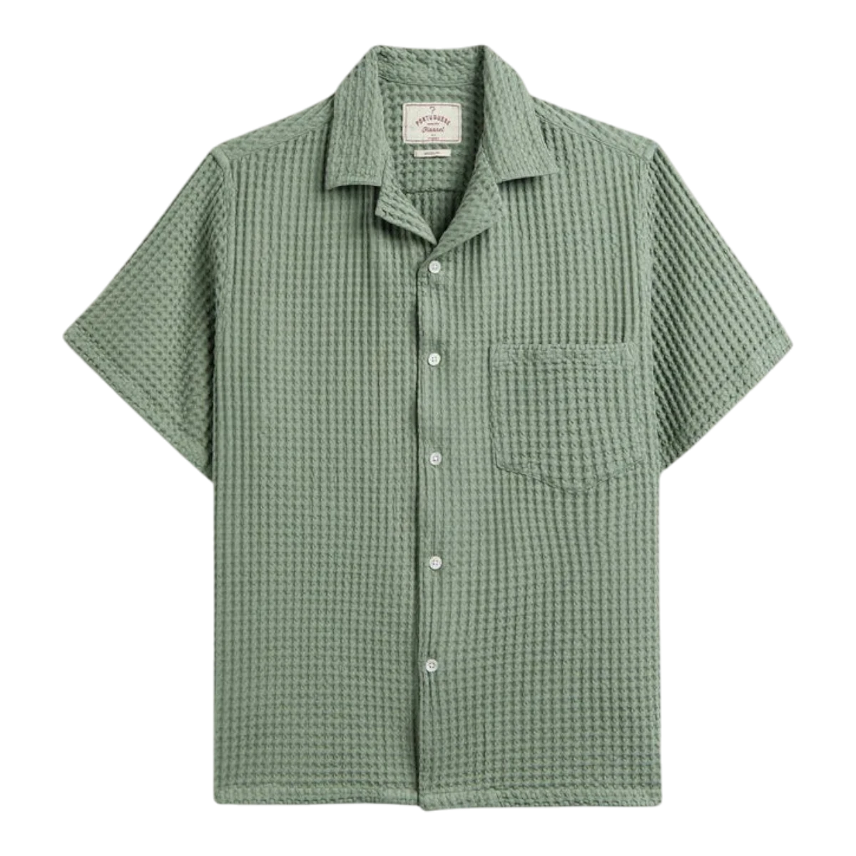 MILWORK Cornelius green waffle knit 100% cotton short sleeve shirt with mother of pearl buttons and chest pocket.