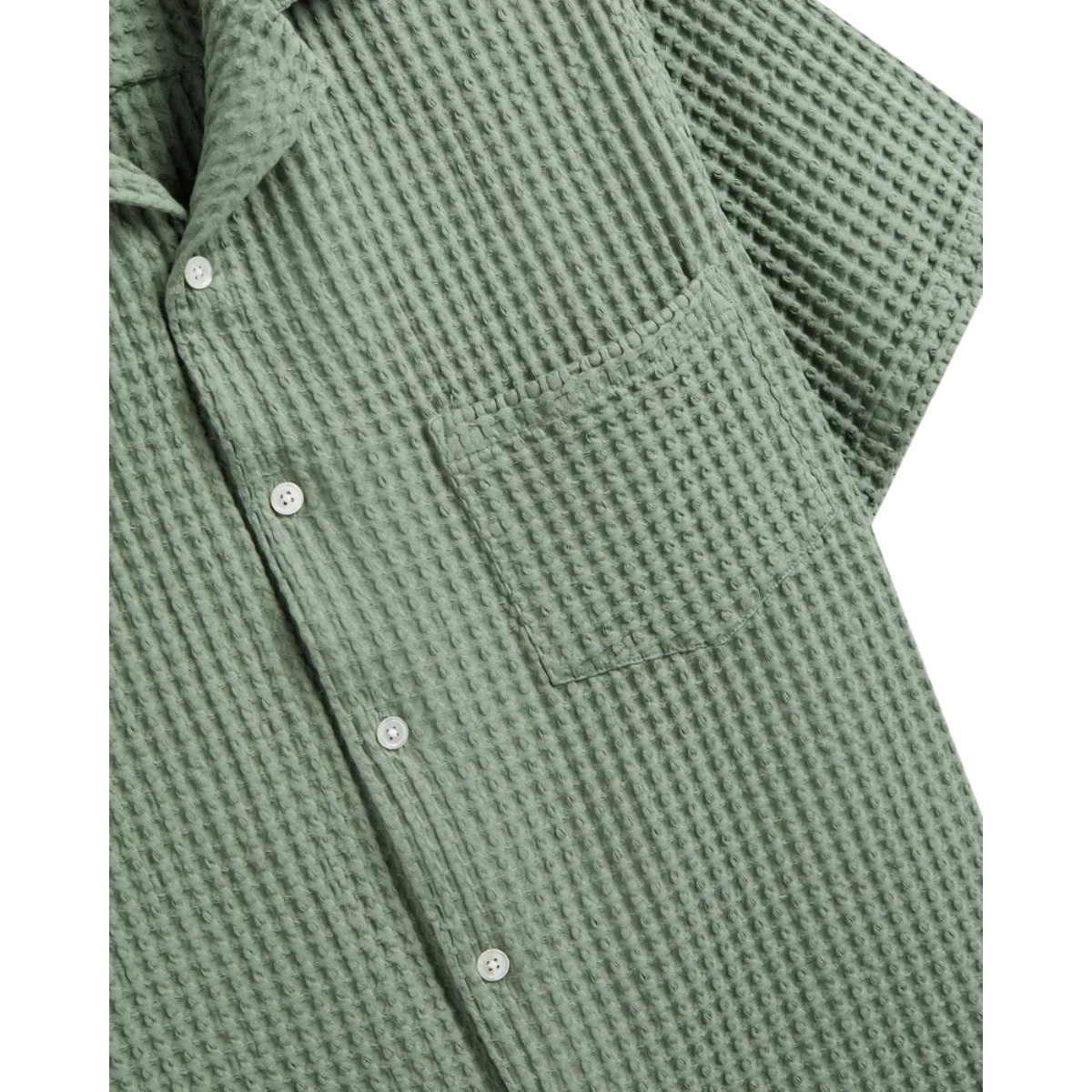 MILWORK Cornelius green waffle knit 100% cotton short sleeve shirt with mother of pearl buttons and chest pocket.
