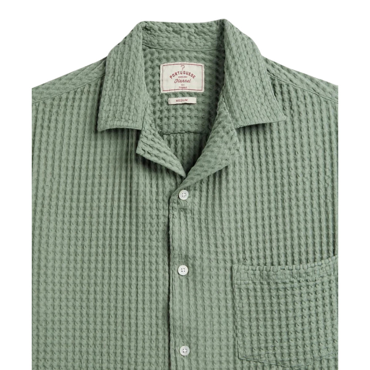 MILWORK Cornelius green waffle knit 100% cotton shirt with mother of pearl buttons and chest pocket.