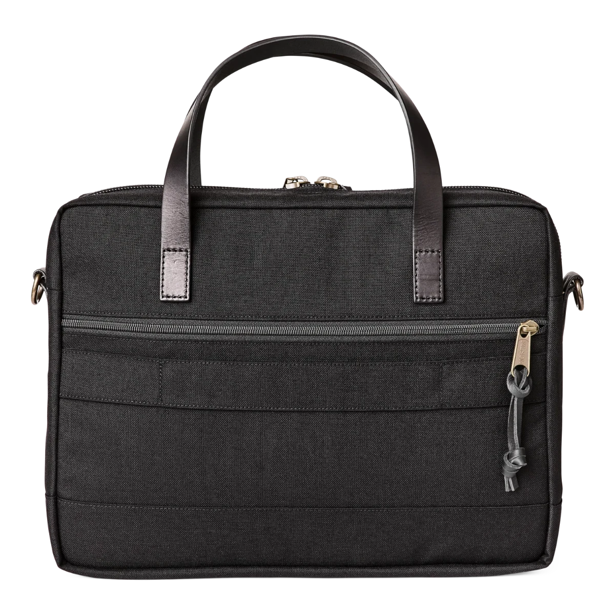 MILWORK Dryden Briefcase in black abrasion-resistant Cordura nylon with leather handles and brass zipper.