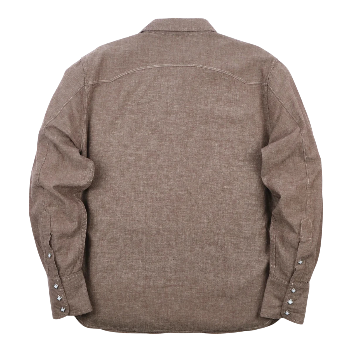 MILWORK dusty brown calico shirt with western yokes, diamond snaps, and 75% cotton 25% linen blend.