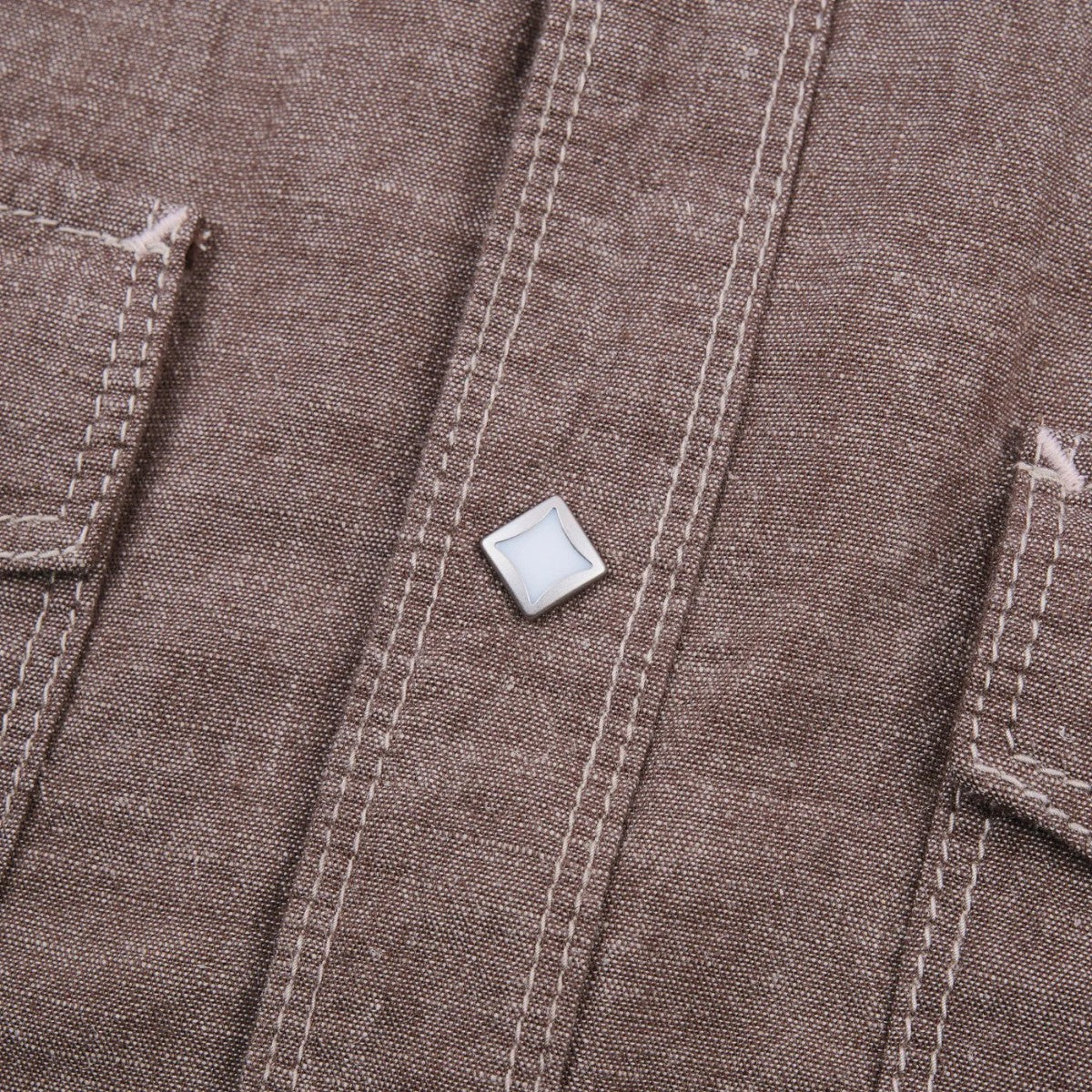 MILWORK dusty brown cotton linen blend western shirt with sawtooth flap pockets and diamond snaps.