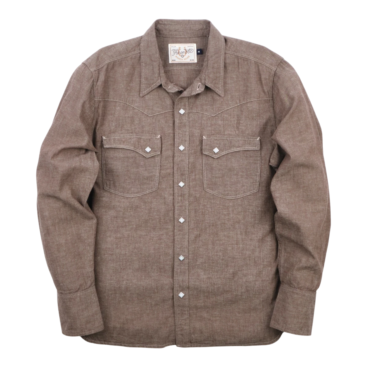 MILWORK dusty brown cotton-linen blend western shirt with sawtooth flap pockets and diamond snaps.