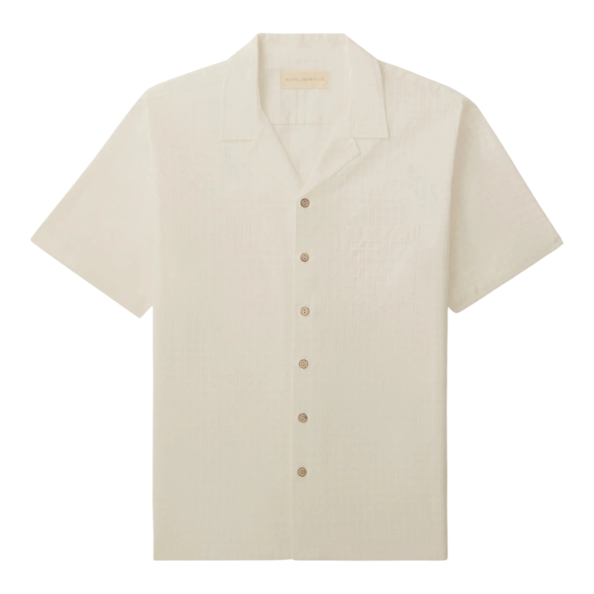 MILWORK Fez short-sleeve camp collar shirt in cream cotton dobby with coconut shell buttons.