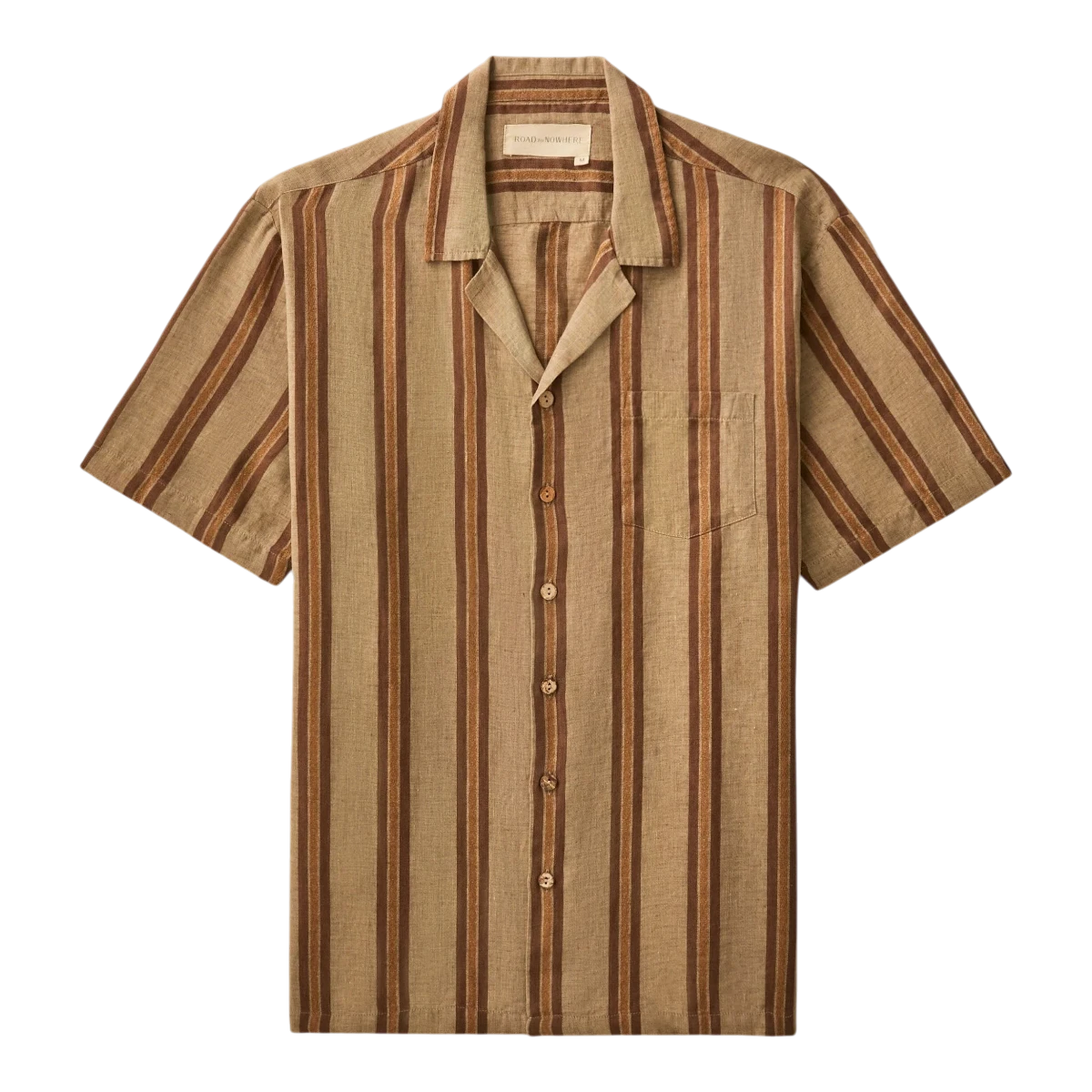 MILWORK Fez camp collar shirt in cotton dobby with brown and tan stripes, featuring coconut shell buttons and a chest pocket.