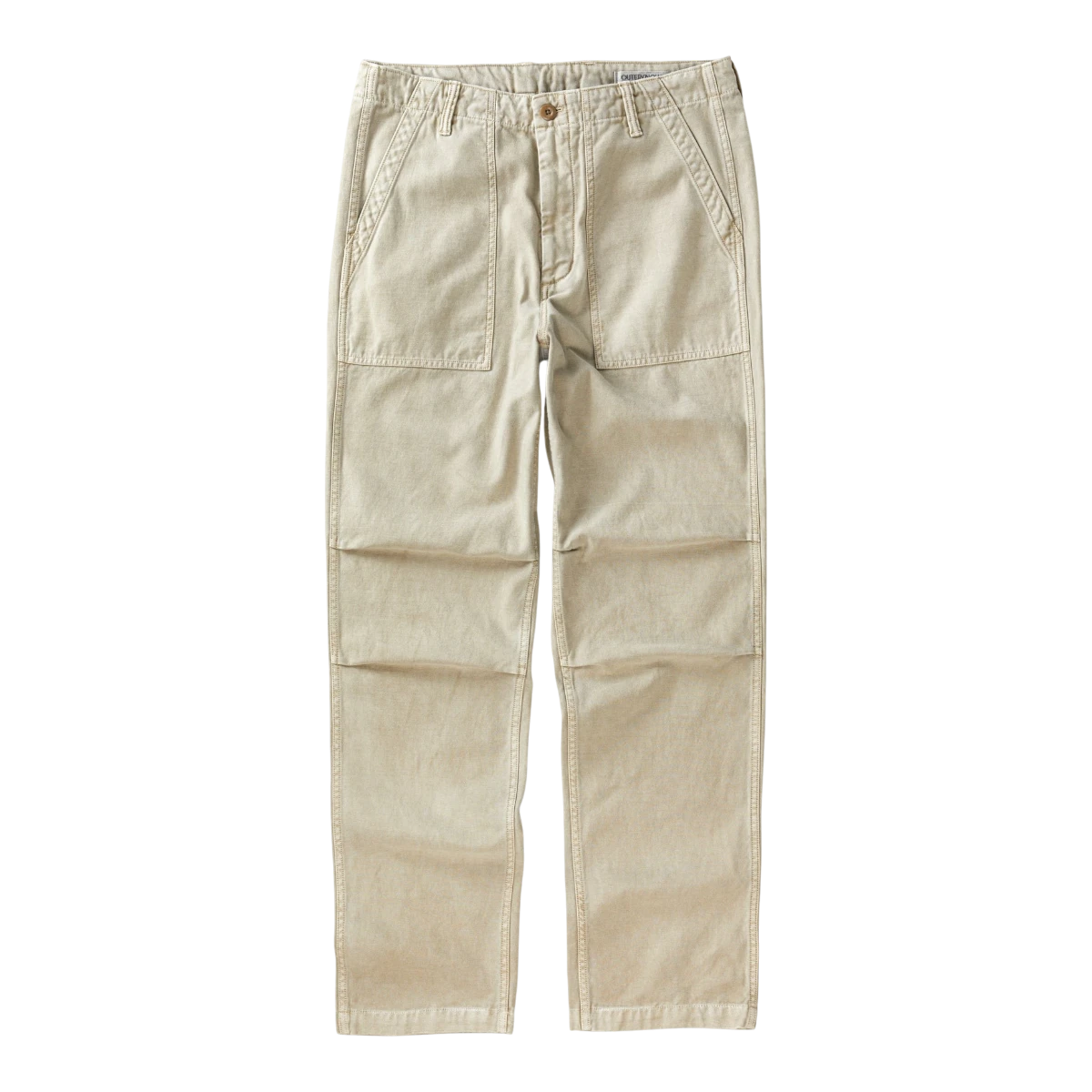 MILWORK Field Pant Desert in beige 100% Regenerative Organic Cotton with articulated knees, front patch pockets, and button flap back pockets.