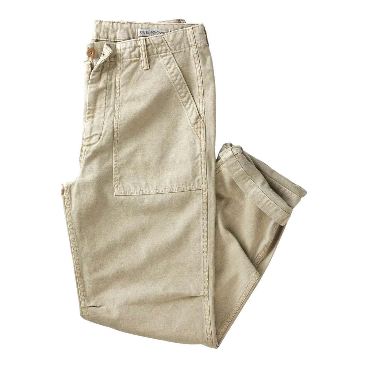 MILWORK Field Pant Desert, men's tan 100% organic cotton utility trousers with patch pockets and articulated knees.