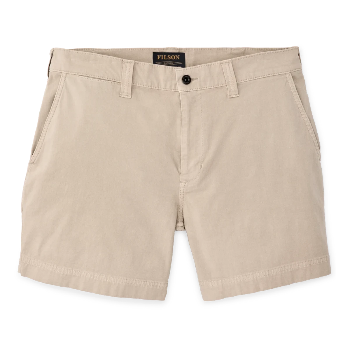 MILWORK Granite Mountain 6" shorts in buck tan cotton-blend fabric with zippered fly, metal button, and multiple pockets.