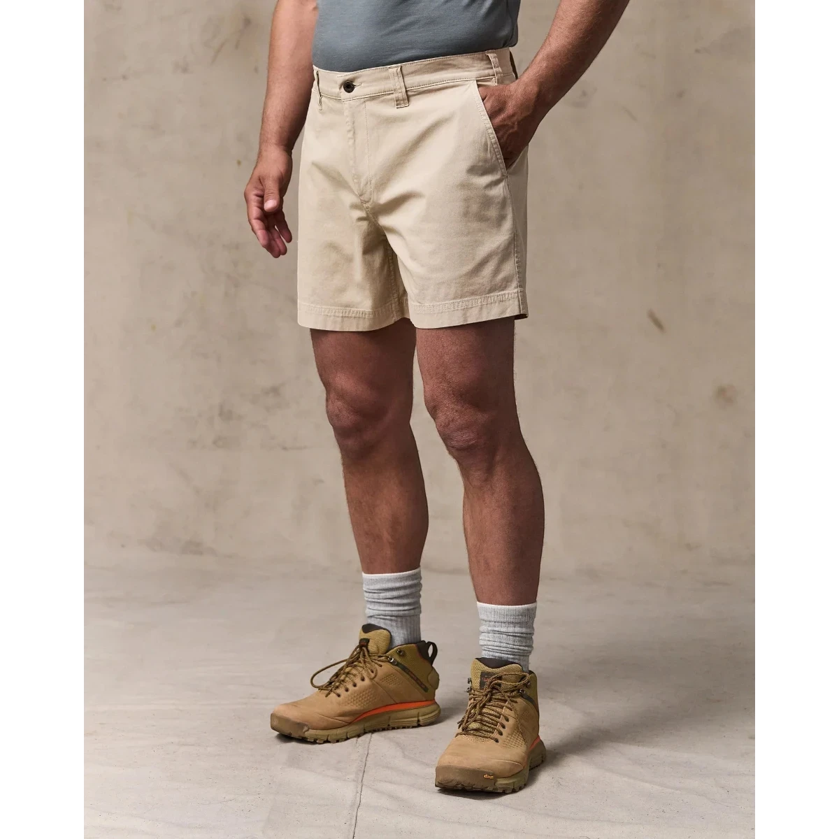 MILWORK Granite Mountain 6" buck tan cotton-blend shorts with zippered fly, metal button, and multiple pockets.