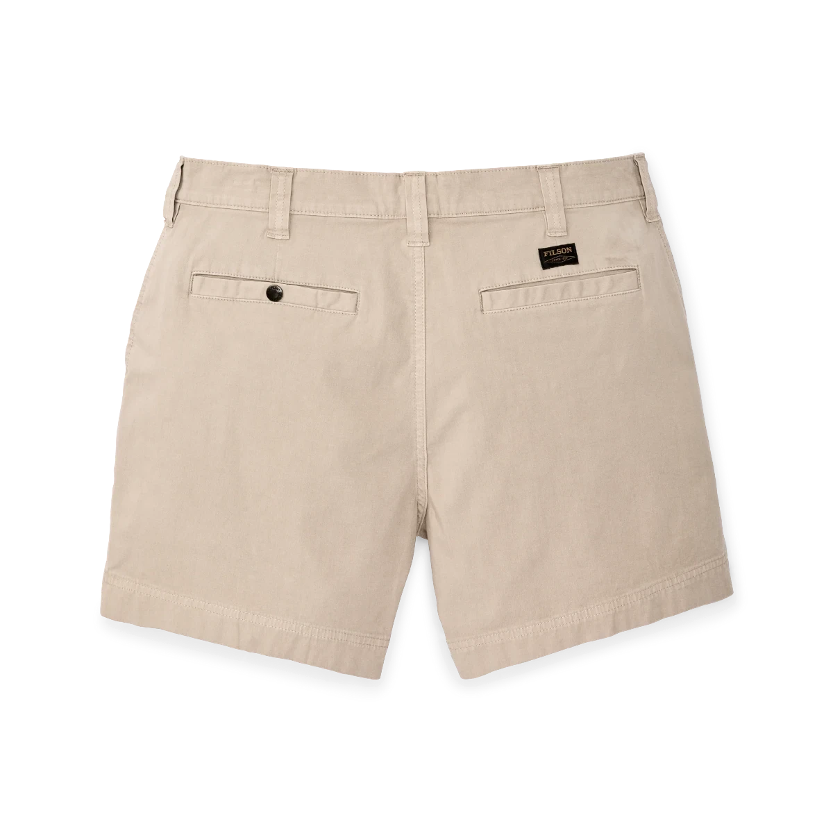 MILWORK Granite Mountain 6" shorts in buck tan cotton-blend fabric with welted rear pockets and a snap closure.