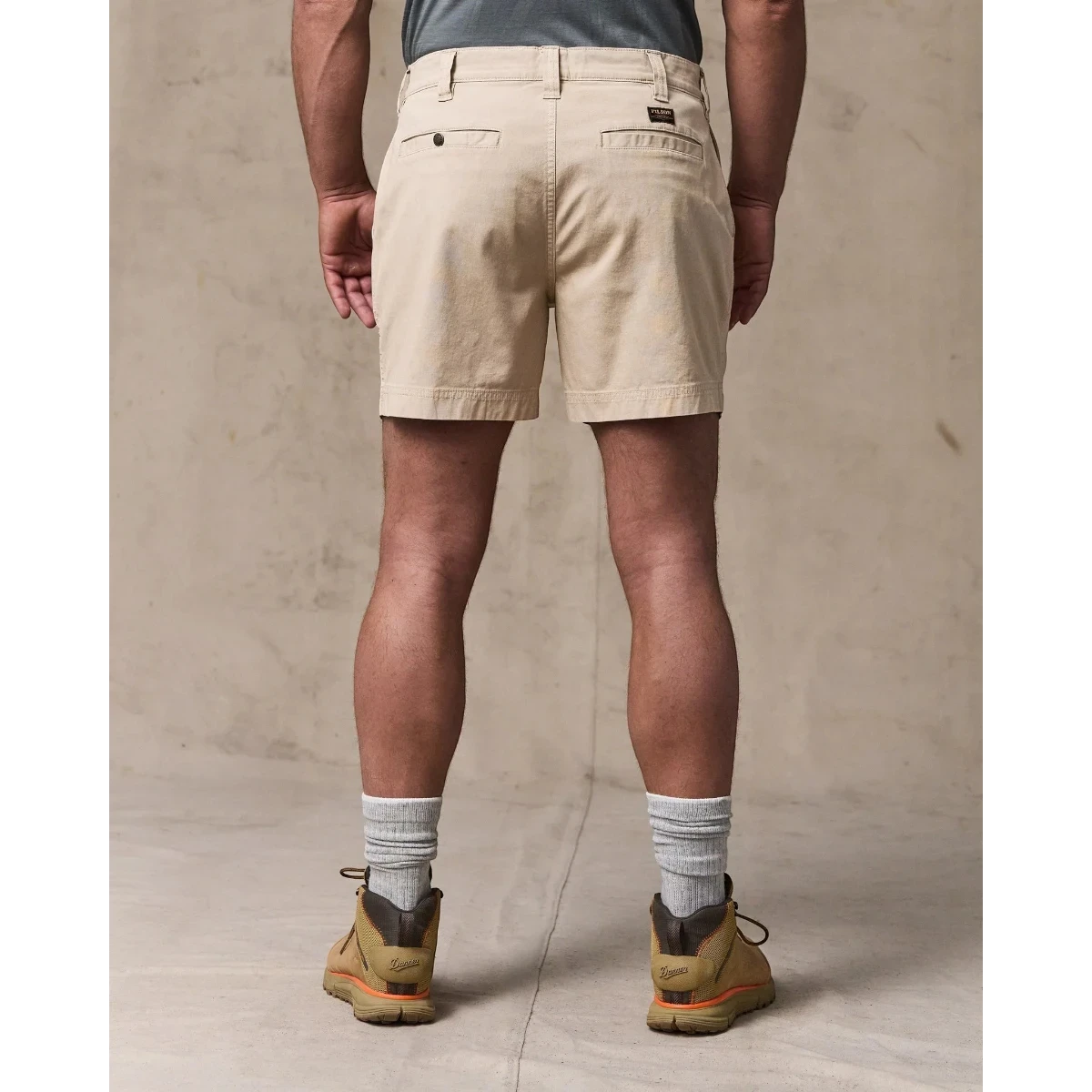 MILWORK Granite Mountain 6" Buck Tan shorts made from cotton-blend fabric with a zippered fly and metal shank button.