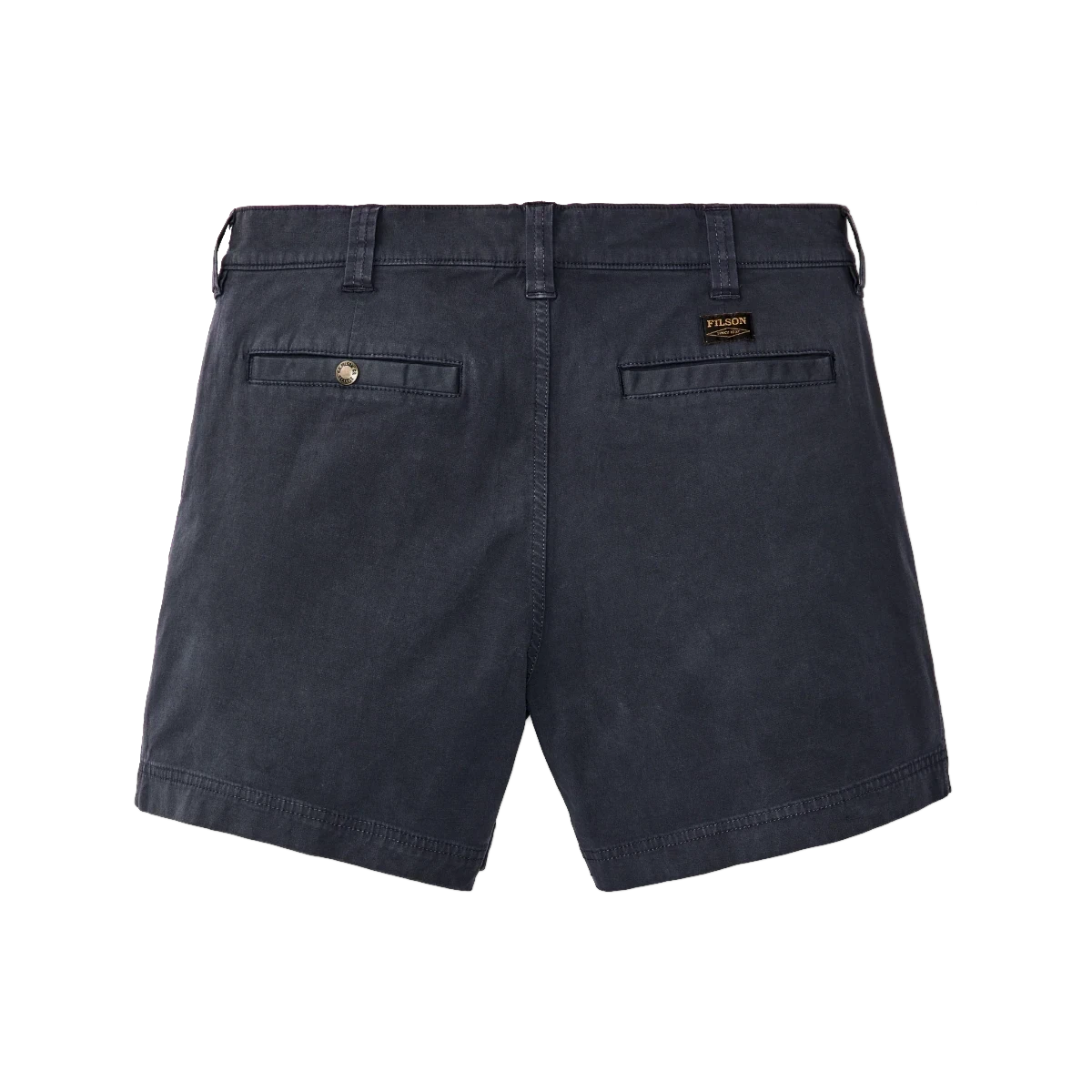 MILWORK Granite Mountain Ink Blue 6" inseam shorts made of cotton-blend fabric with welted rear pockets and a snap closure.