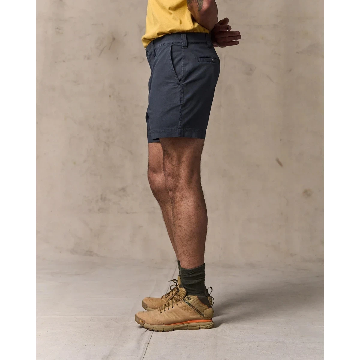 MILWORK Granite Mountain 6" Ink Blue stretch cotton-blend shorts with zippered fly, metal button, and multiple pockets.