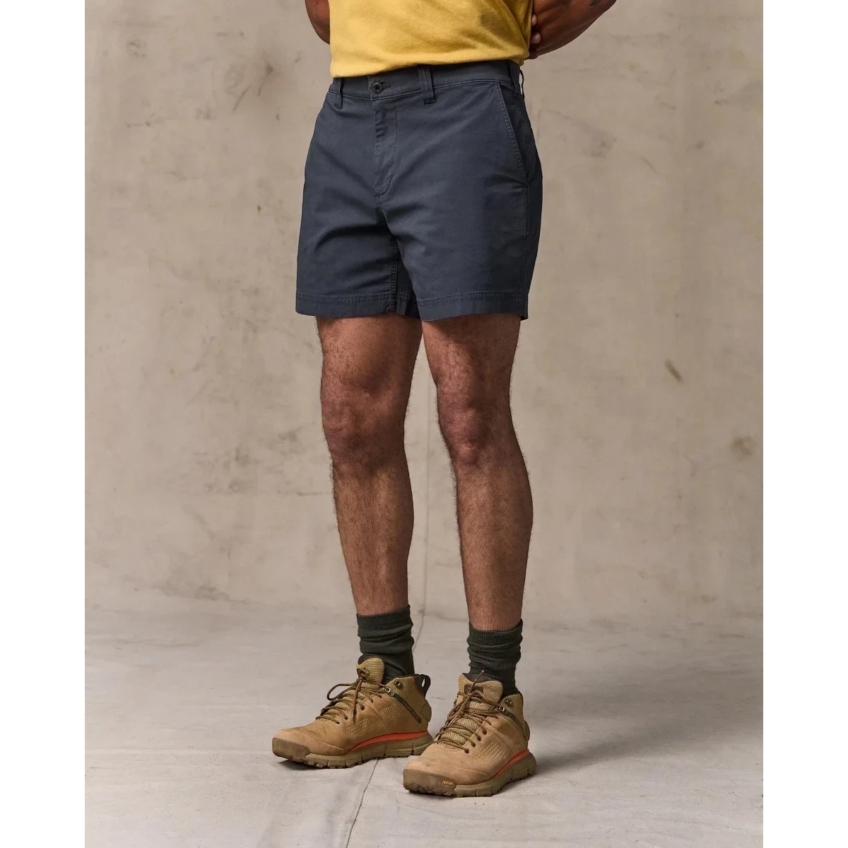 MILWORK Granite Mountain Ink Blue 6" shorts made from cotton-blend fabric with a zippered fly and multiple pockets.