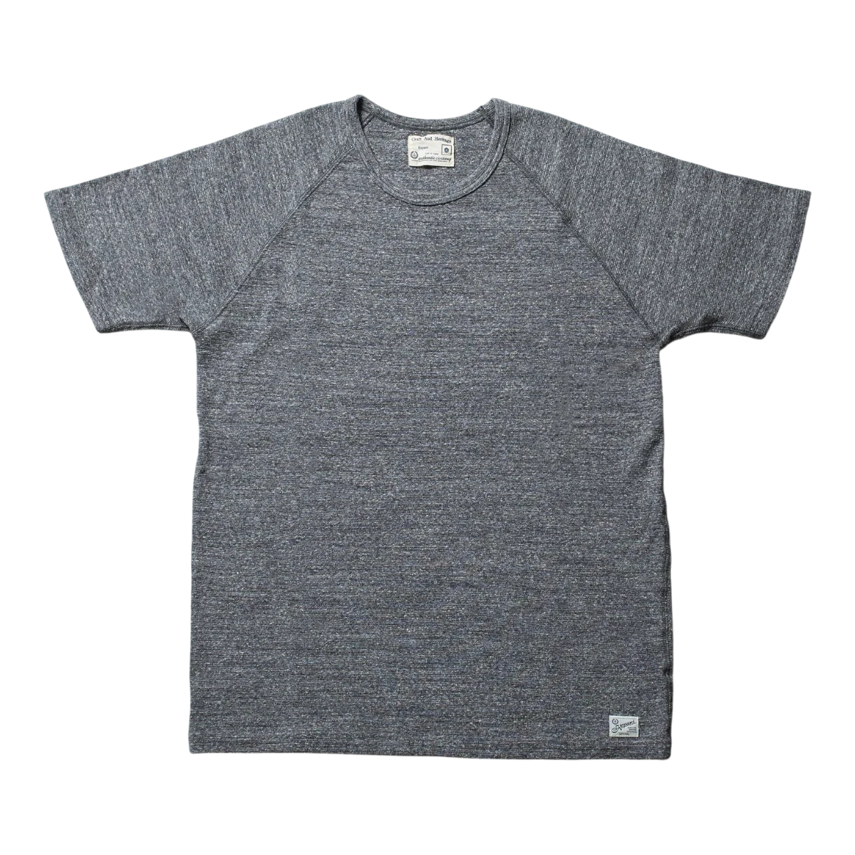 MILWORK Raffy Span Rib Knit Tee in grey, made from 98% cotton and 2% polyurethane. Features a crew neck and raglan sleeves.