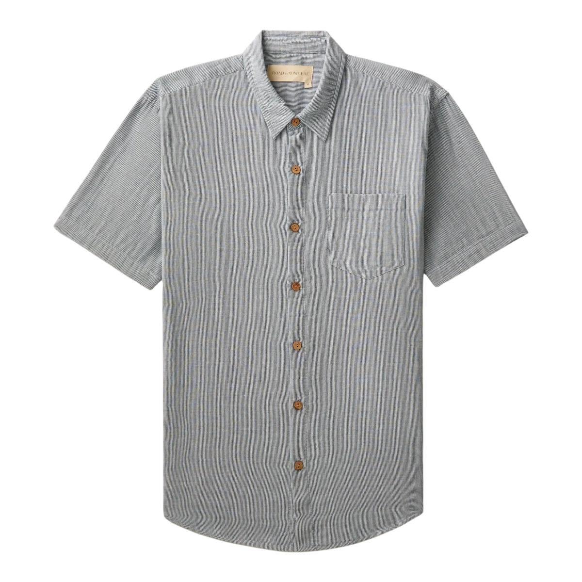 MILWORK Hudson short sleeve button-down shirt in blue and white stripe cotton seersucker with coconut shell buttons.