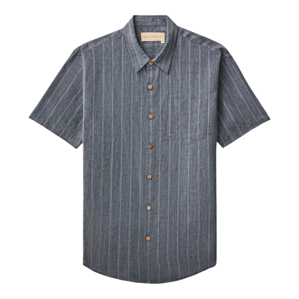 MILWORK Hudson short sleeve button-down shirt in Pacific blue jacquard linen with vertical stripes and coconut buttons.
