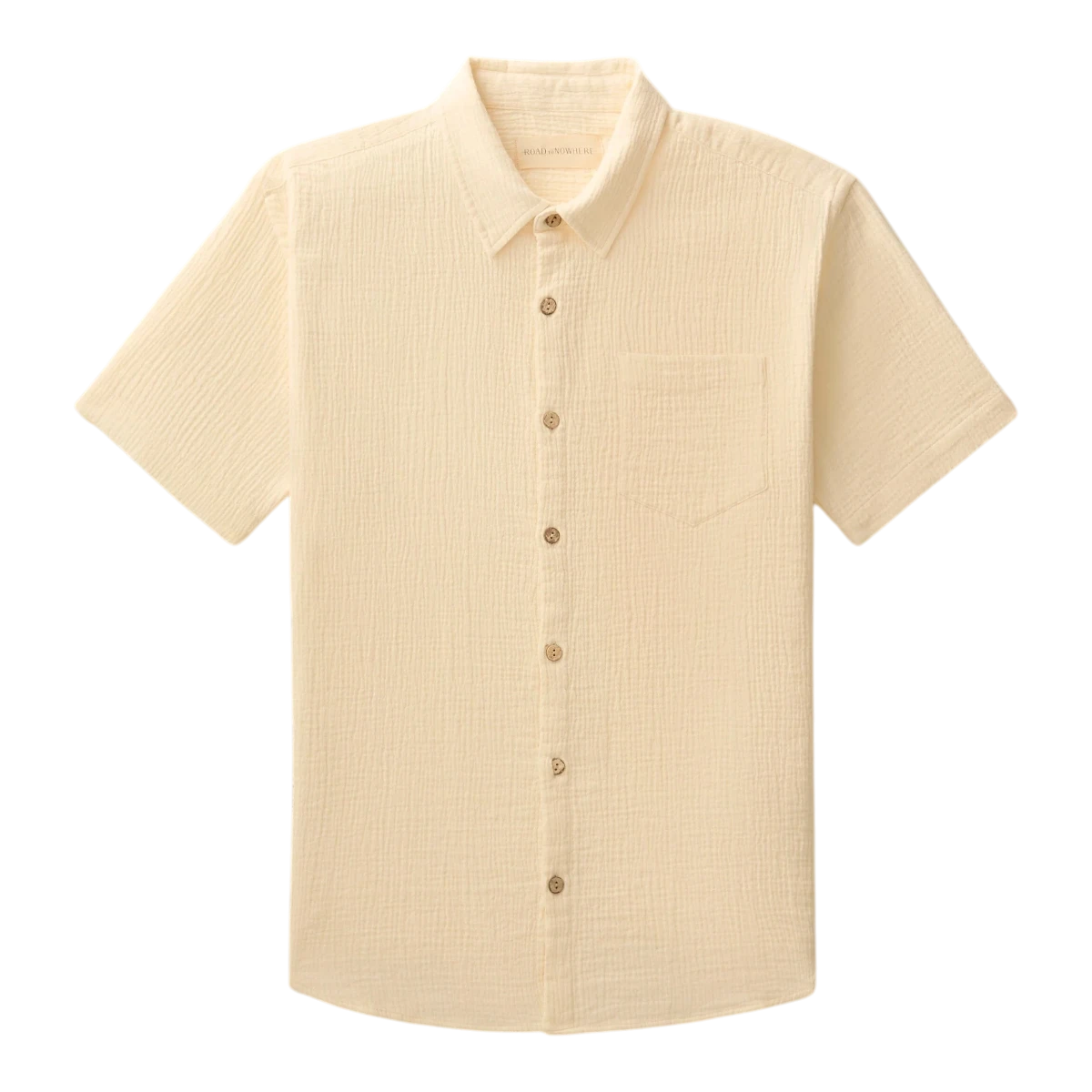 MILWORK Hudson short sleeve seersucker shirt in ivory organic cotton with a chest pocket and coconut shell buttons.