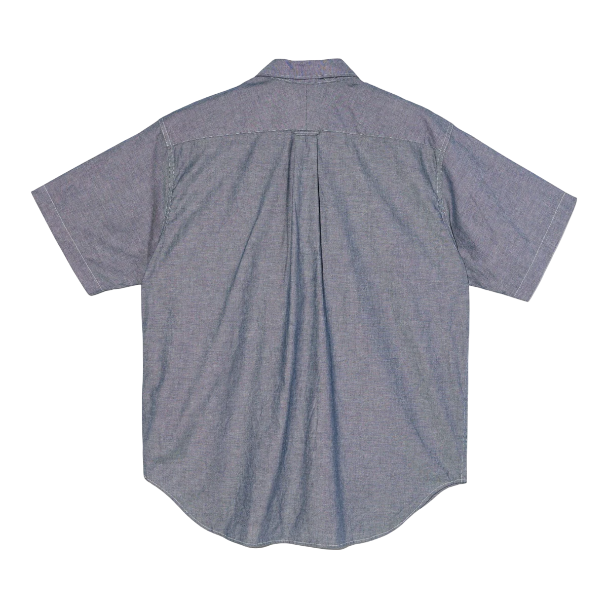MILWORK Indigo Cotton Chambray Popover Shirt with short sleeves and back pleats.