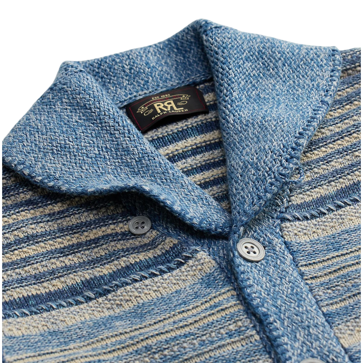 MILWORK Indigo Multi striped knit long sleeve sweater cardigan with a shawl collar and button front.