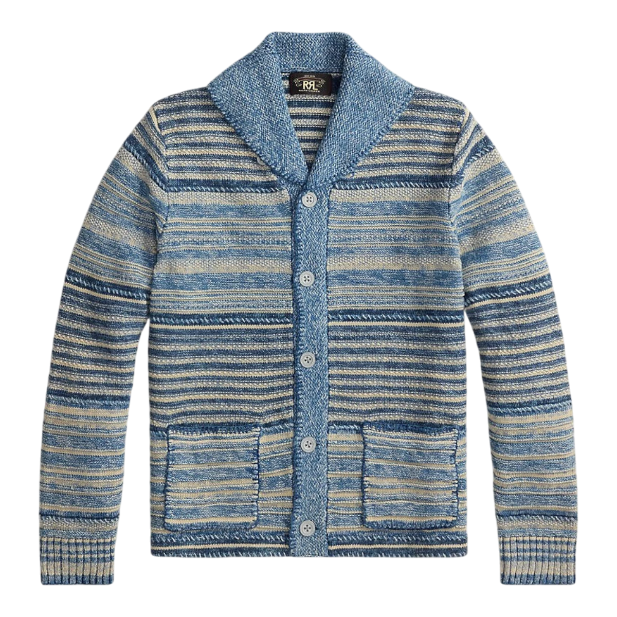 MILWORK Indigo Multi striped long sleeve knit cardigan with shawl collar, button front, and two front pockets.