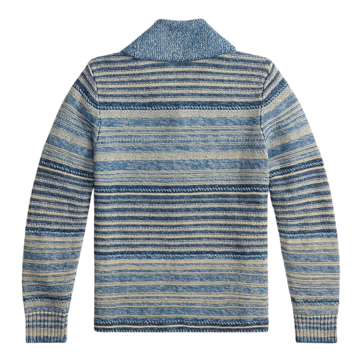 MILWORK Indigo Multi striped long sleeve sweater cardigan with a shawl collar and ribbed cuffs.