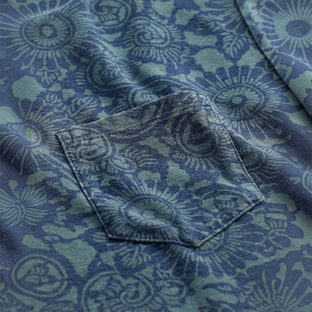 MILWORK Indigo Print Jersey T-Shirt with patch pocket. 100% cotton with vintage-inspired pattern.