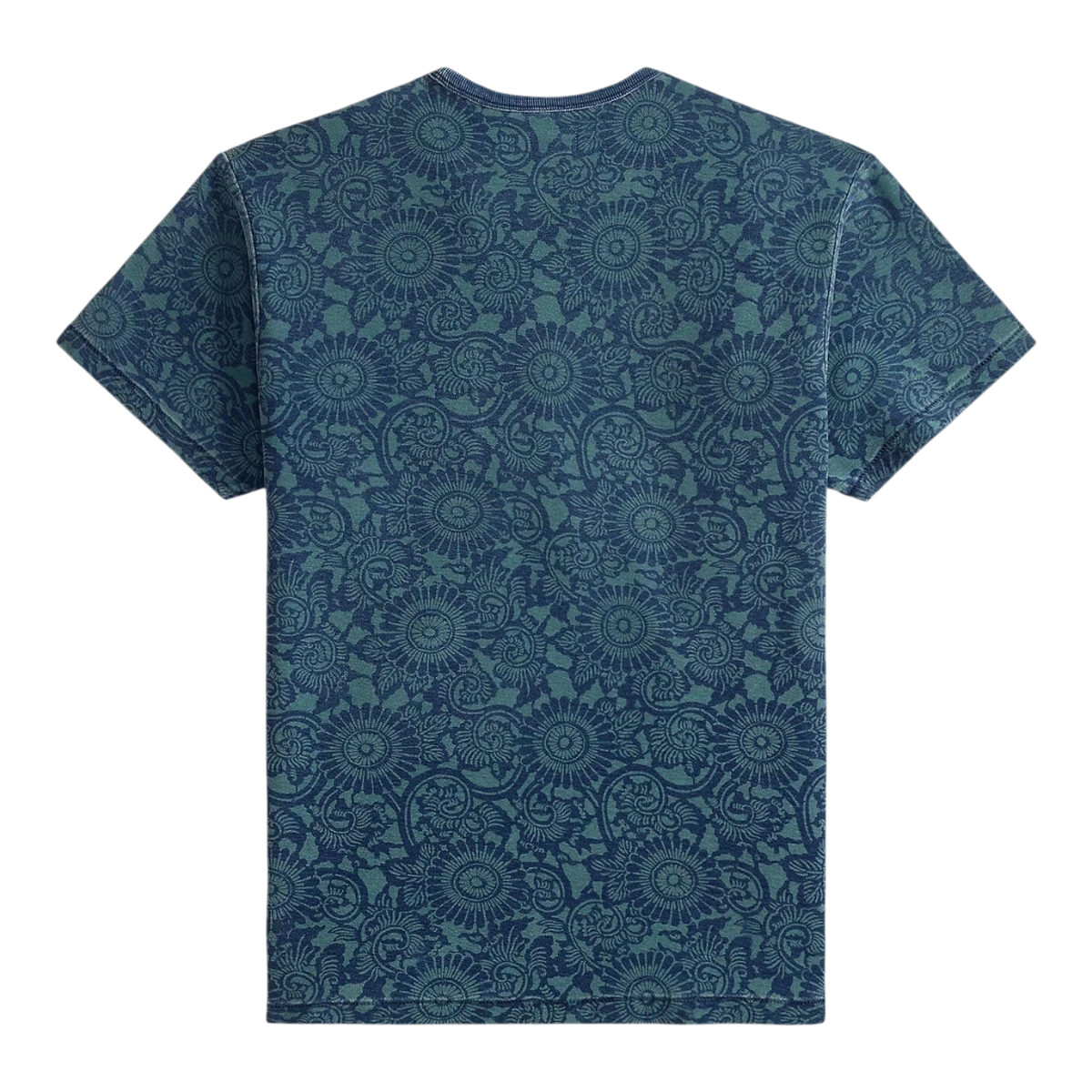 MILWORK Indigo Print Jersey T-Shirt with vintage-inspired pattern, crewneck, short sleeves, and patch pocket. 100% cotton.