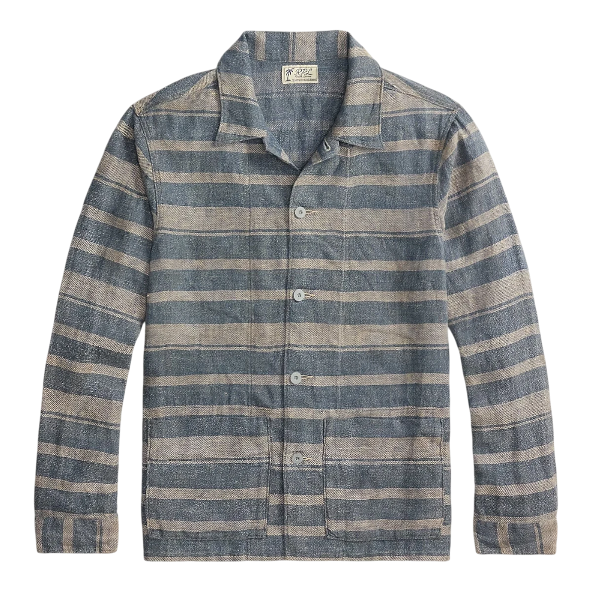 MILWORK Indigo Cream striped linen dobby overshirt with a boxy fit, straight collar, metal buttons, and two front patch pockets.