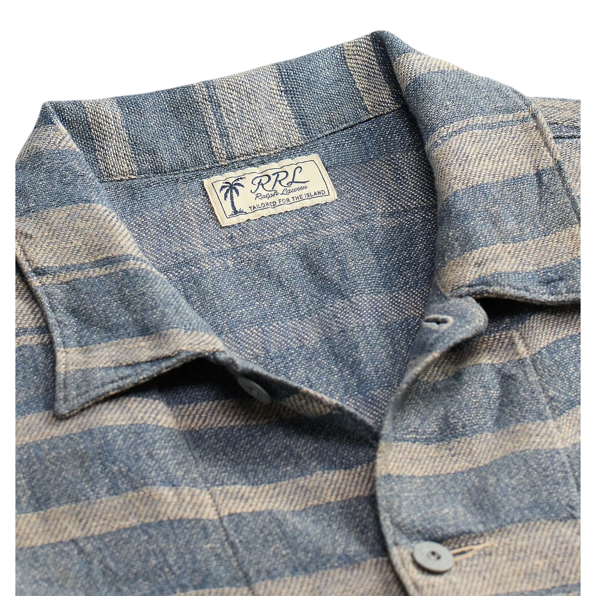 MILWORK Indigo cream striped linen dobby overshirt with metal buttons and a straight collar.