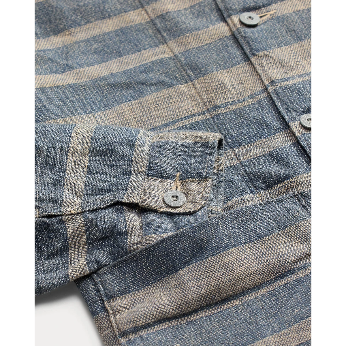 MILWORK Indigo cream striped linen dobby overshirt with metal buttons and a straight collar.