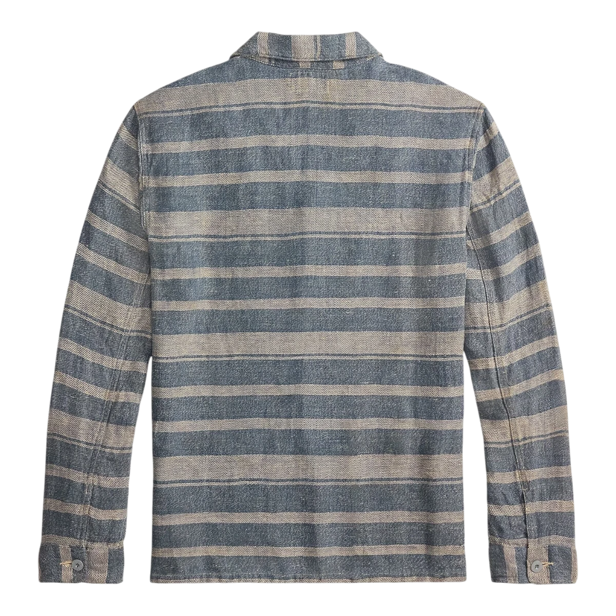 MILWORK Indigo cream striped linen dobby overshirt with a rustic texture and corroded metal buttons.