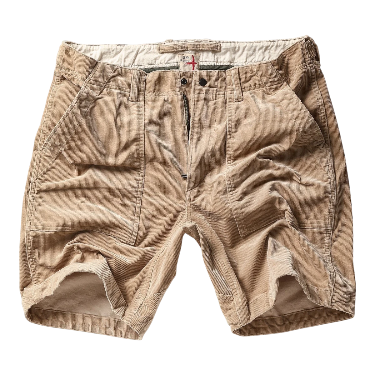MILWORK Khaki corduroy shorts with a 7.5" inseam, featuring multiple pockets and a zip fly.