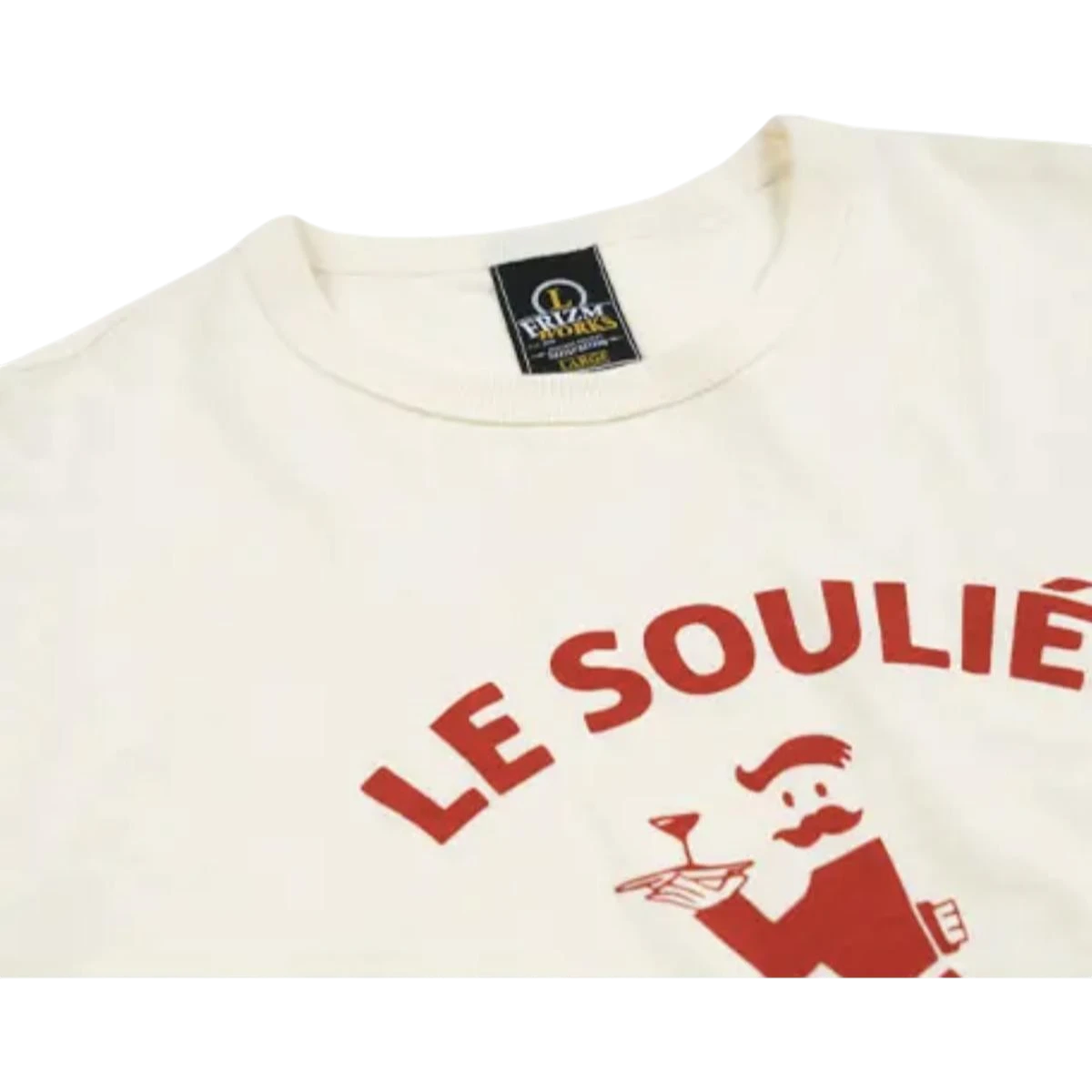 MILWORK Le Soulie Slub Tee in ivory cotton features a red graphic of a waiter holding a tray with a martini glass. Relaxed fit, crew neck.