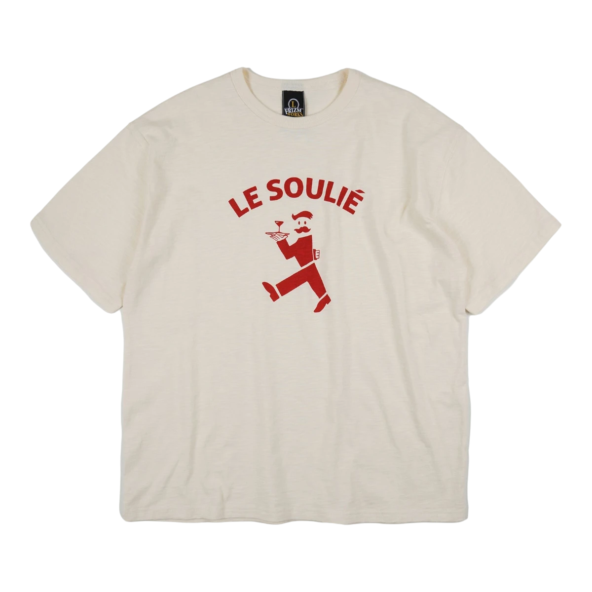 MILWORK Le Soulie Slub Tee in ivory cotton features a red graphic of a waiter with a mustache and a cocktail. Relaxed fit, crew neck.