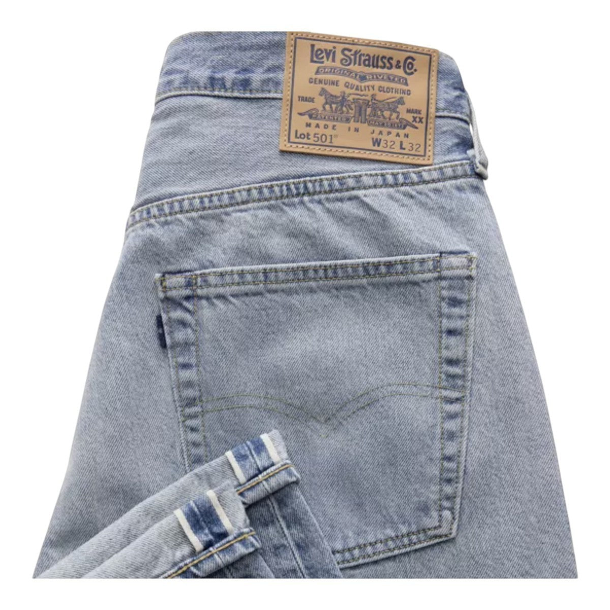 MILWORK 1980's Levi's 501 Original Fit Selvedge jeans in light blue 100% cotton with button fly and straight leg.