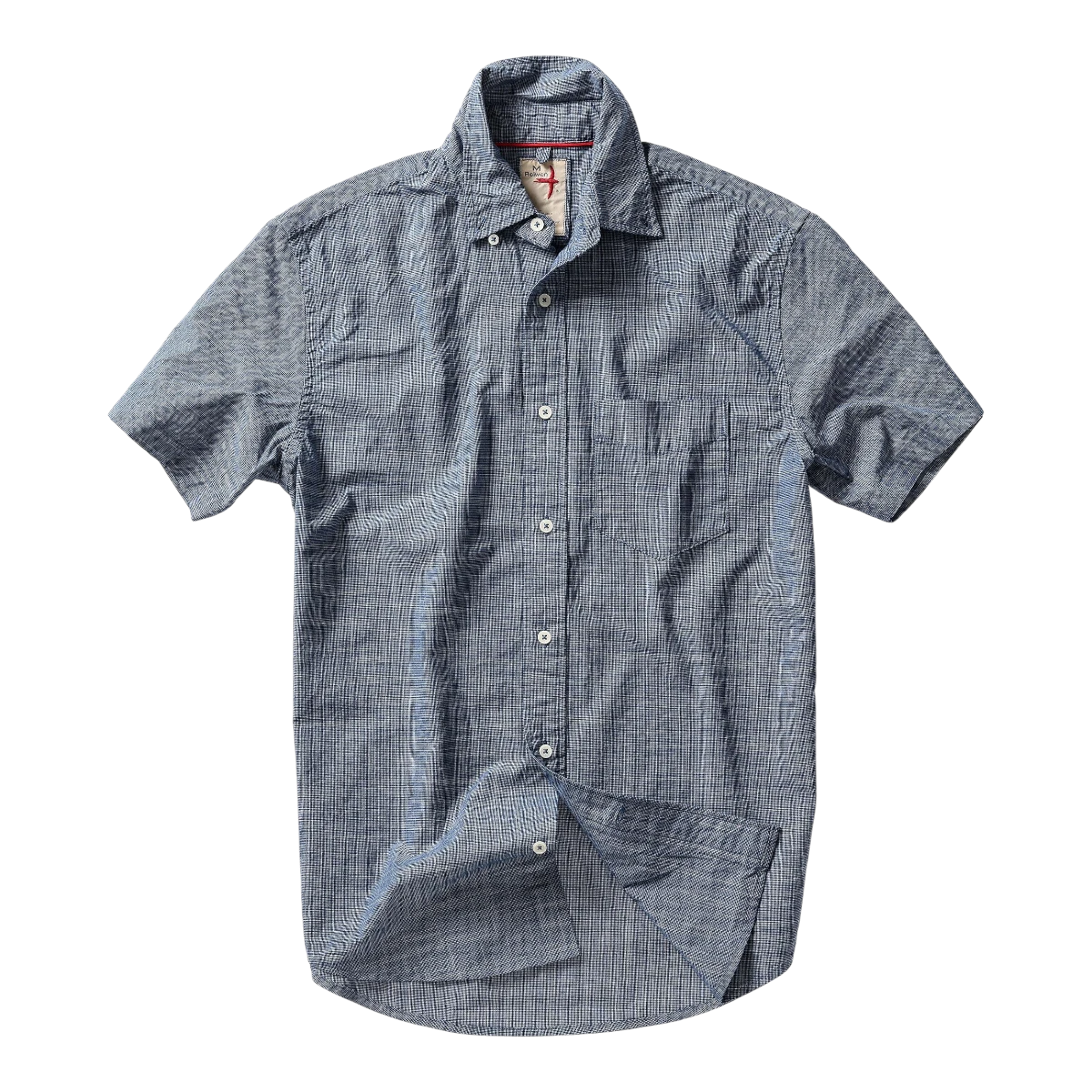 MILWORK Half-Slv Blues Navy Tick short-sleeve button-up shirt with a subtle navy and white check pattern.