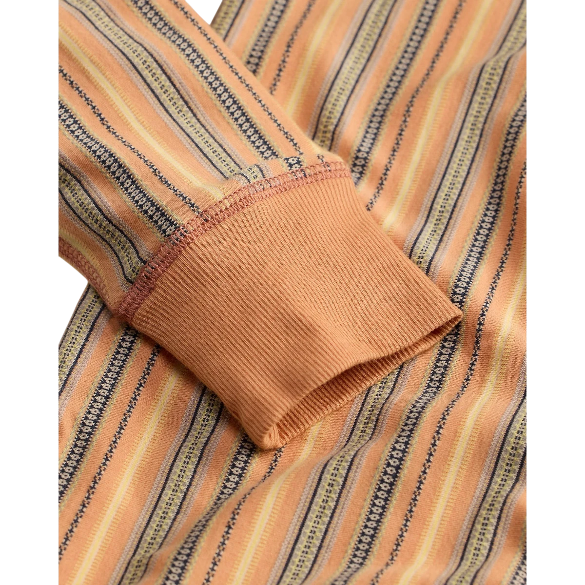 MILWORK striped jacquard henley shirt in orange, yellow, and navy cotton with ribbed cuffs and neckline.