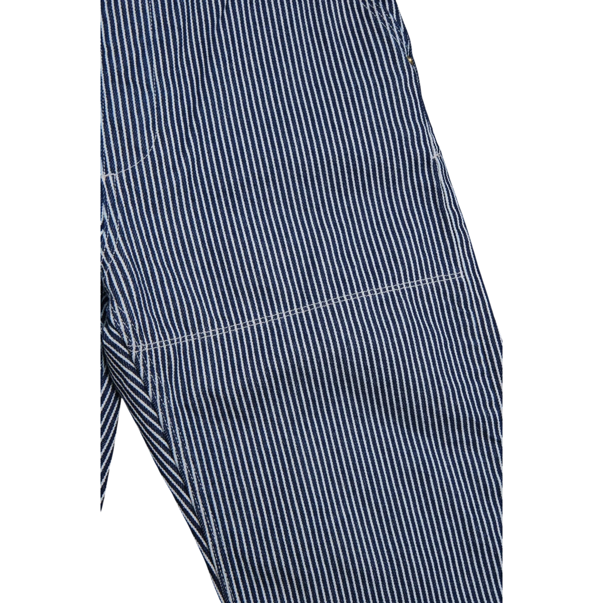 MILWORK Ortega Pant in hickory stripe blue and white cotton with reinforced double knees and straight leg silhouette.