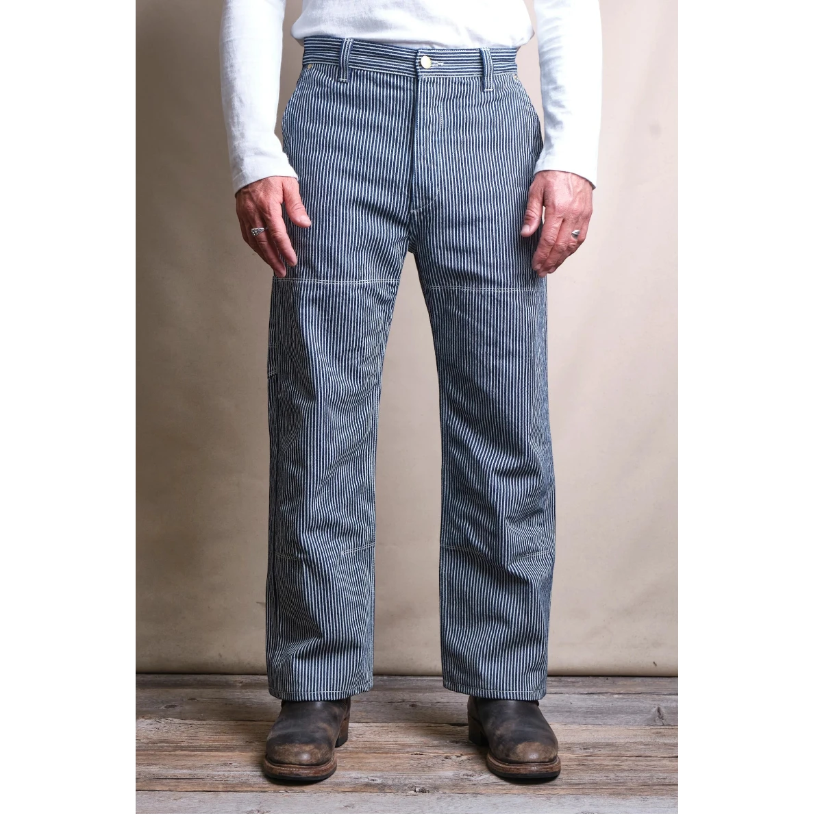 MILWORK Ortega pant in blue and white hickory stripe, 100% cotton with double knees and straight leg.